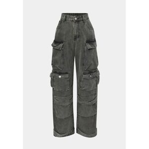 Micas Womens Wide Leg Cargo Jeans Medium Washed Black Denim Multi Pocket Y2K 90s